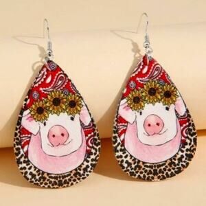 Vegan Leather Teardrop Dangle Earrings Sunflower Pig Leopard/Red Paisley~~NWOT